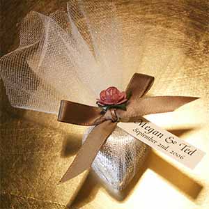Two Chocolate Hearts Wrapped in Foil with Personalized Tag, Satin Ribbon, Tulle, and Decorative Embellishment - Assembled For You